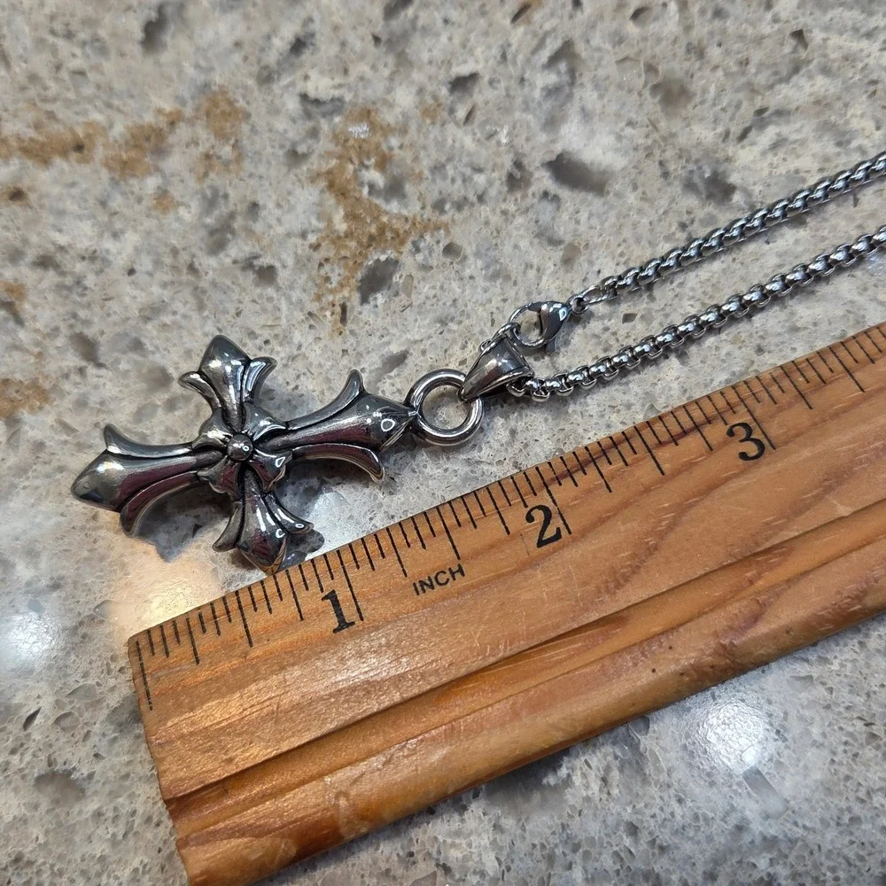 Gothic Cross Pendant Necklace and Matching Ring Set Silver Tone Streetwear